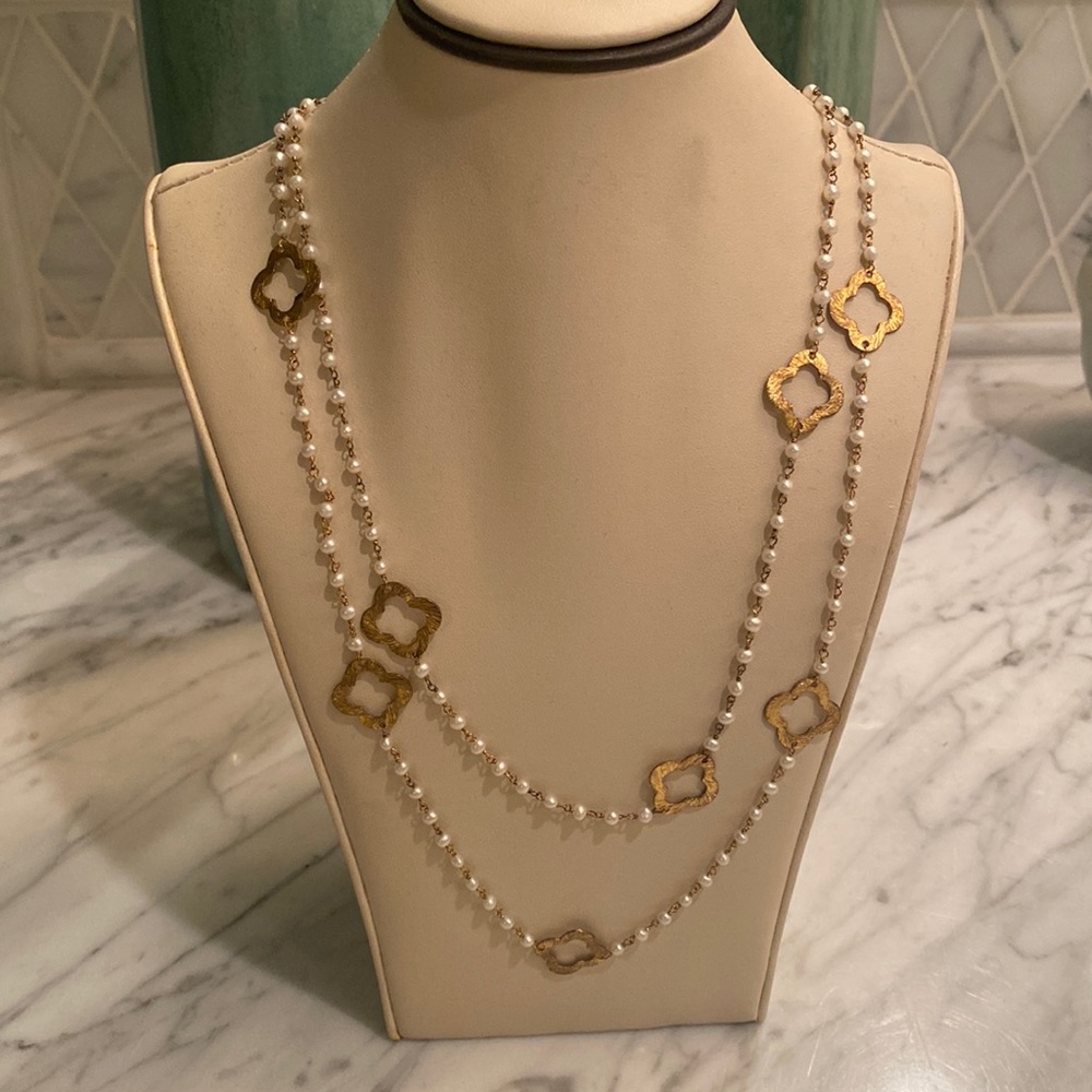 Tiny pearl, turq,onyx gold filled clover necklace worn long or doubled as shown